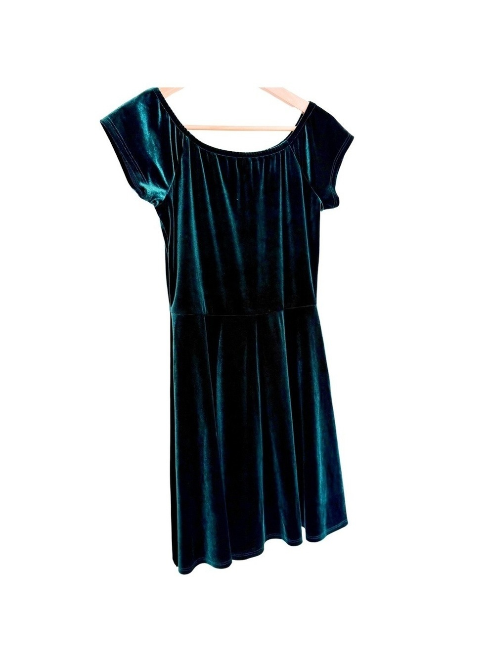 Jolie A-Line Mini Dress Cap Sleeve Fit & Flare Emerald Green Velour S 90s Y2K - Picture 4 of 8